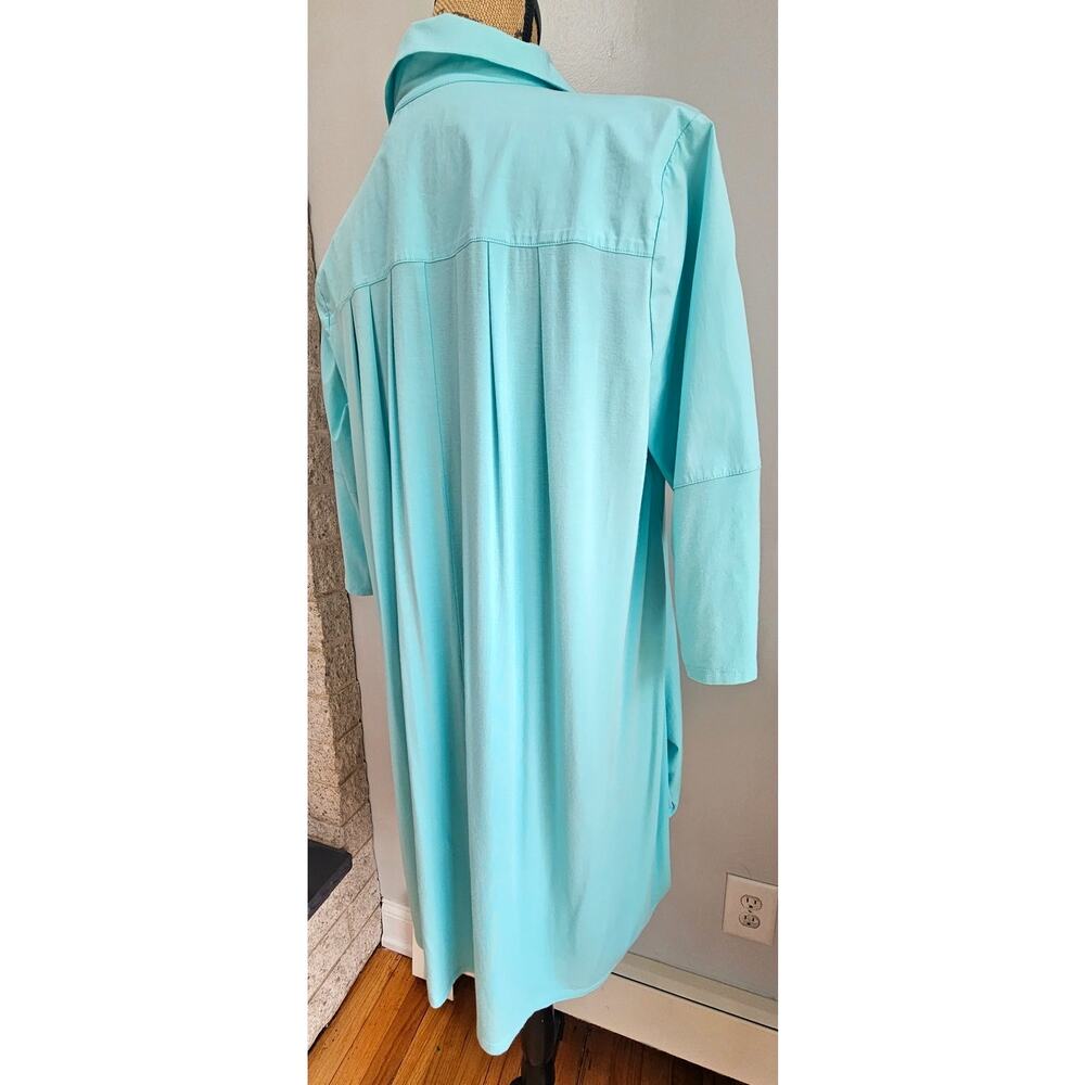 Stella Carakasi Button-Down Tunic Shirt Tulip Pockets Turquoise Jersey Back Sz M - Picture 6 of 9